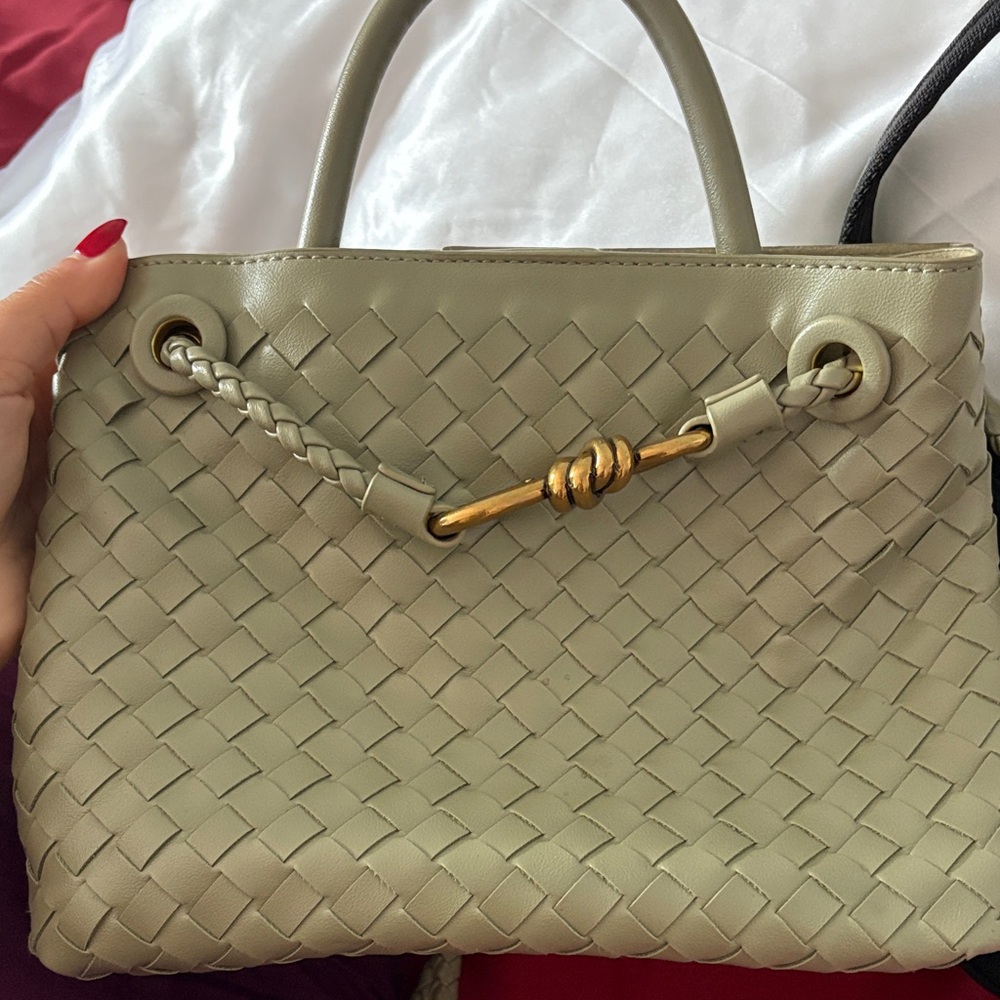 Woven Leather Top-Handle Tote in Light Olive with Gold Accent